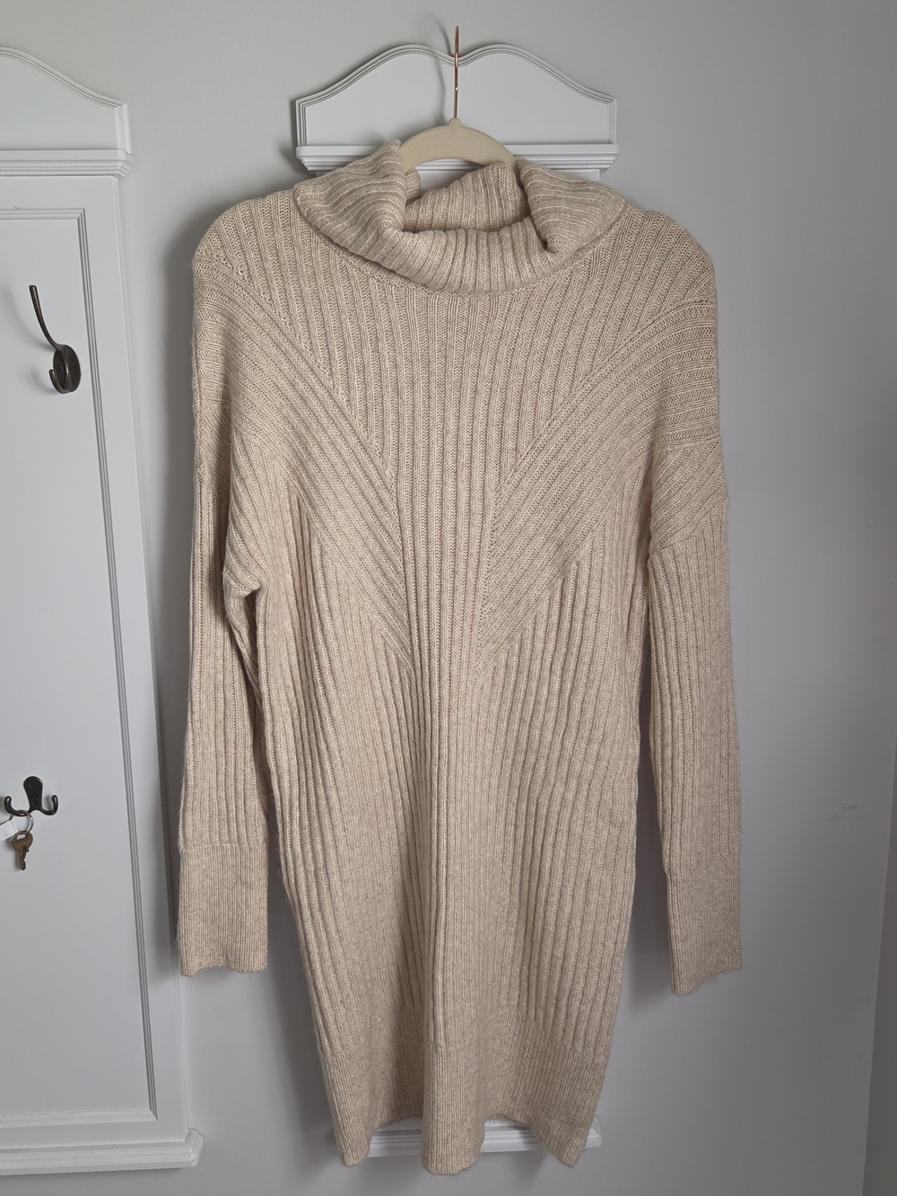 Tahari Cream Ribbed Cowl Neck Sweater Dress